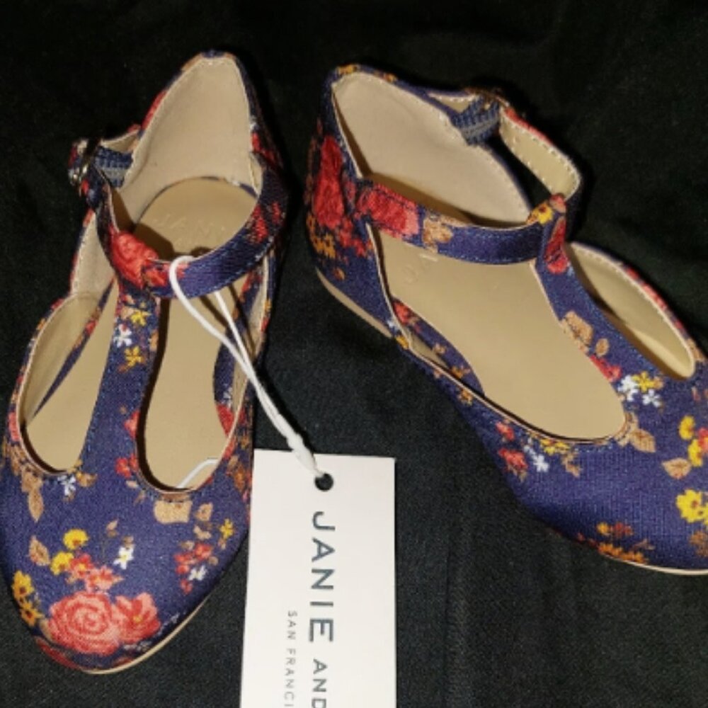 Janie & Jack Navy Blue w/Pink Flower Dress Shoes. Sz.4